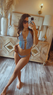 Sassy Blue Textured Shell Detail Two Piece Bathing Suit