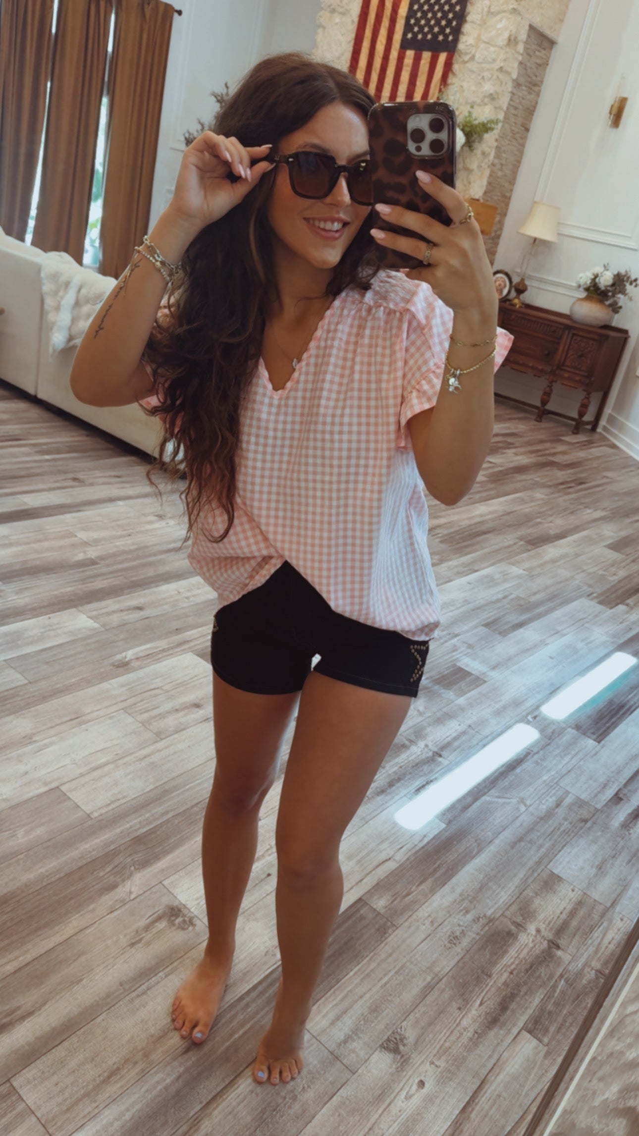PInk and White Gingham Ultra Soft Ruffle Sleeve Top