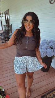 Blue and White Floral Ruffle Pocket Trim Shorts