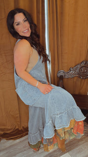 POLDenim Striped Denim and Patchwork Wide Leg Overalls Jumpsuit