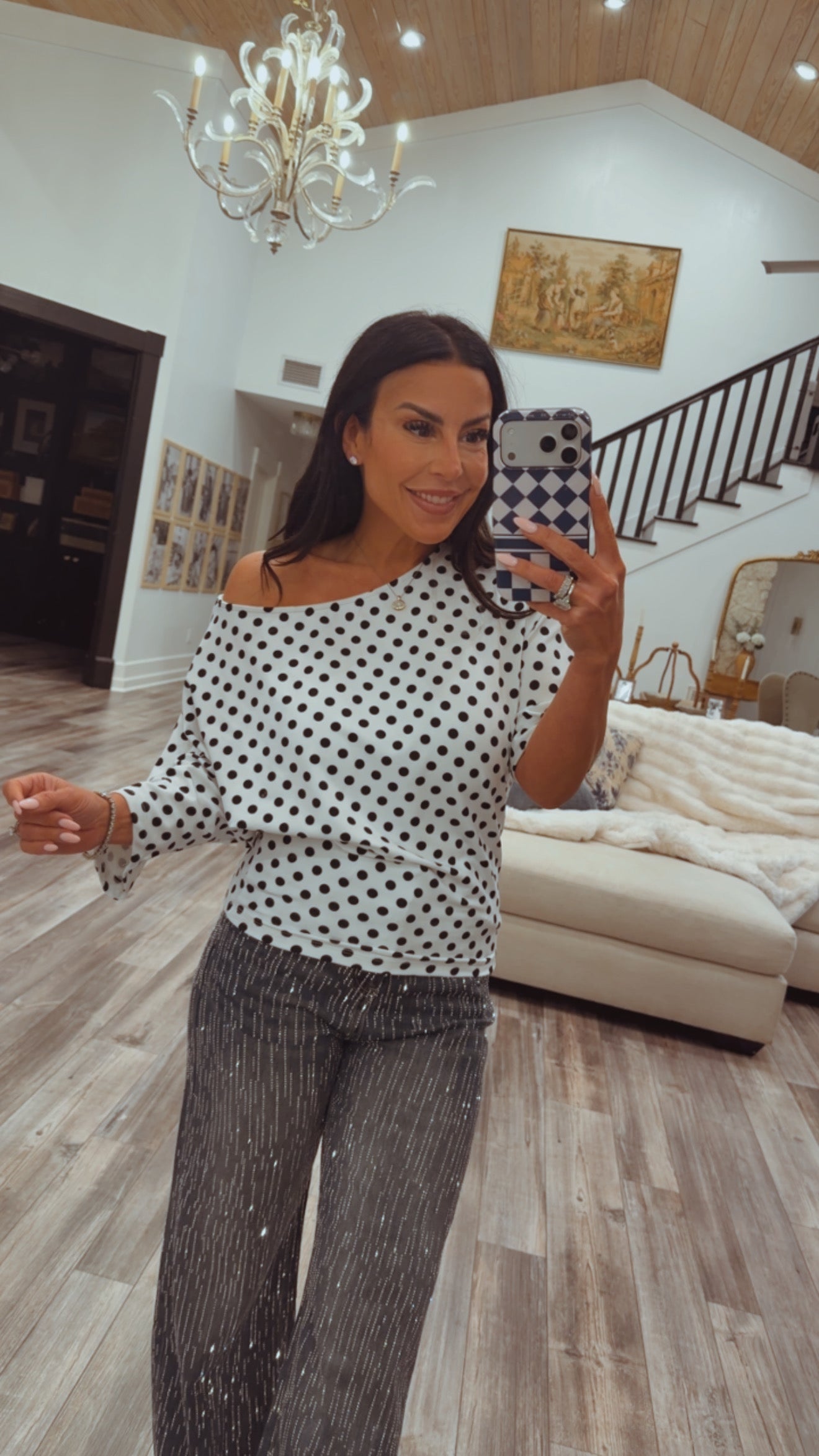 Chic White and Black Polka Off the Shoulder Top
