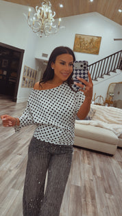Chic White and Black Polka Off the Shoulder Top