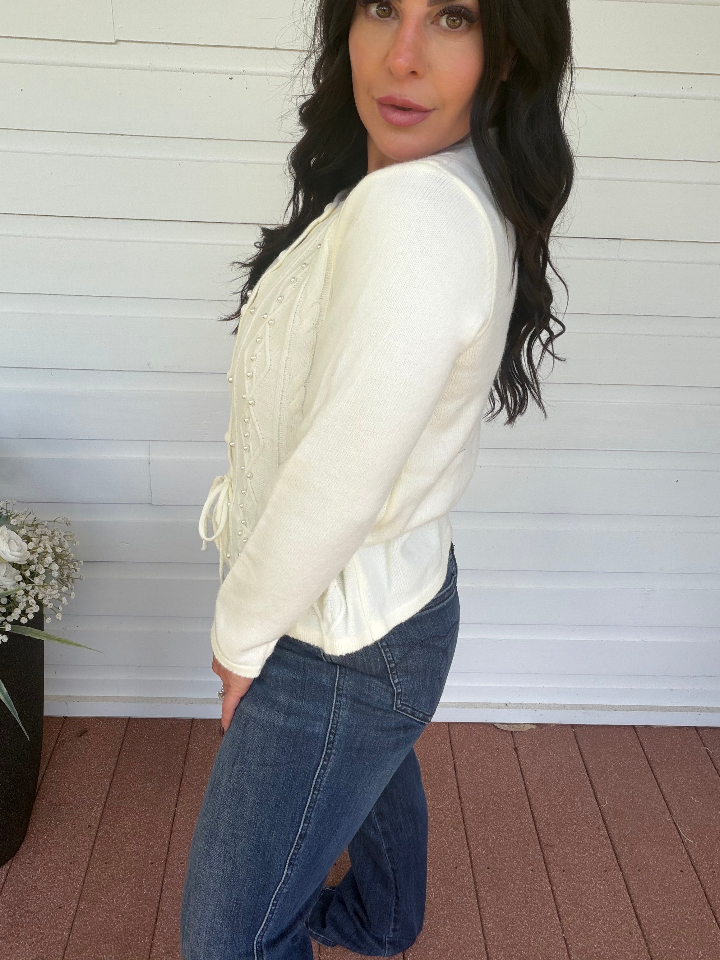White Pearl Studded Button Up Cardi