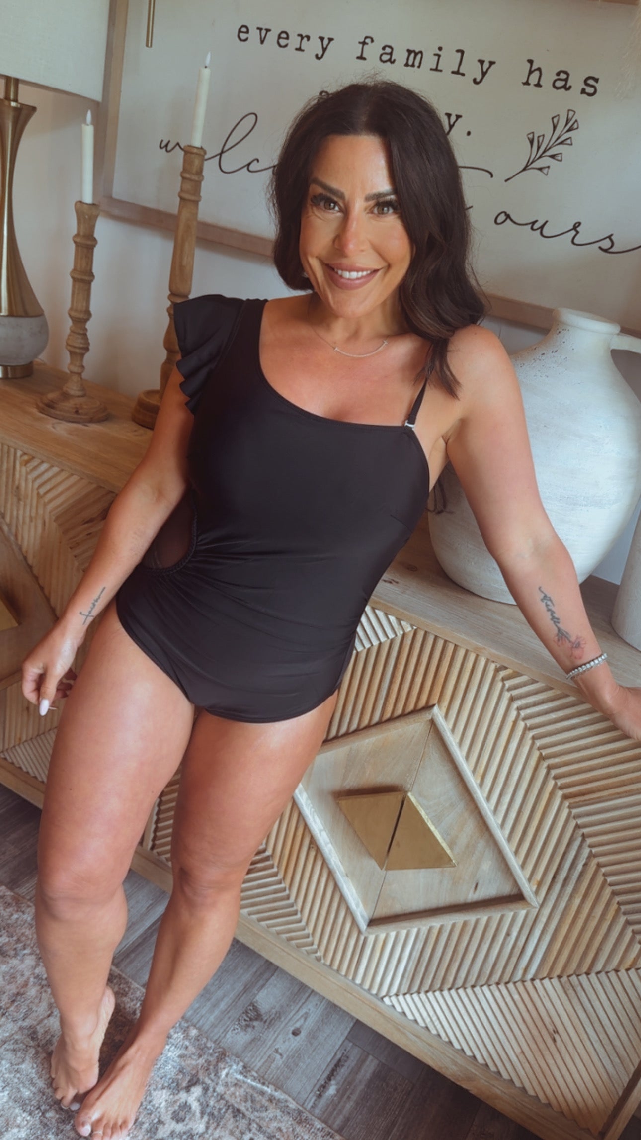 Chic Flutter Sleeve One Piece Black Bathing Suit