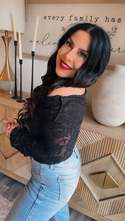 Sassy Lightweight Black Lace Off The Shoulder Long Sleeve Top