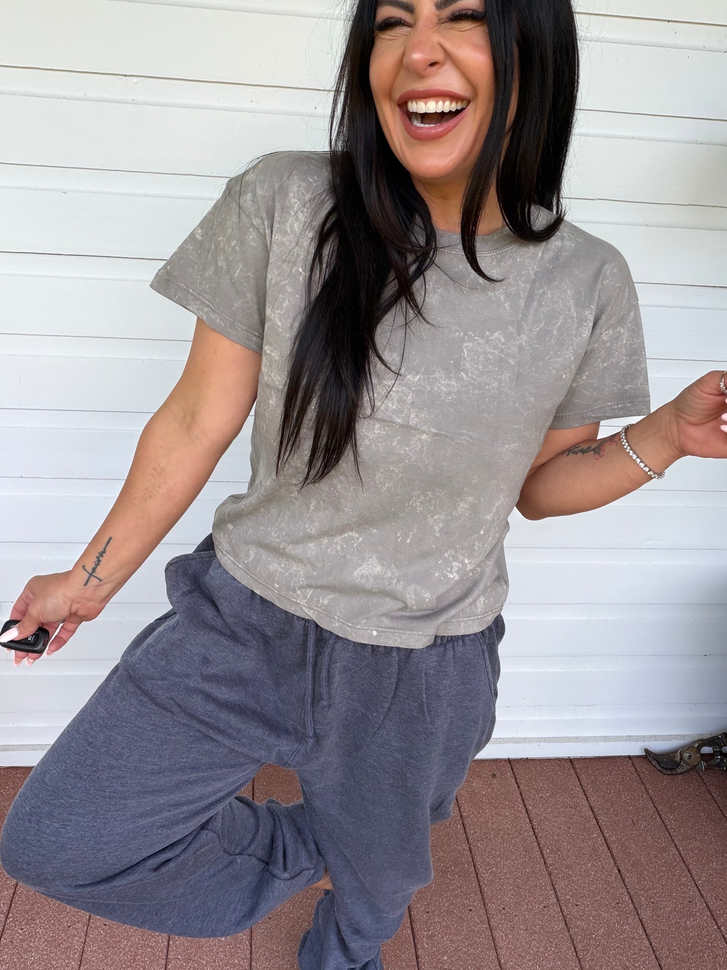 Ultra Soft Grey Acid Wash Short Sleeve Top