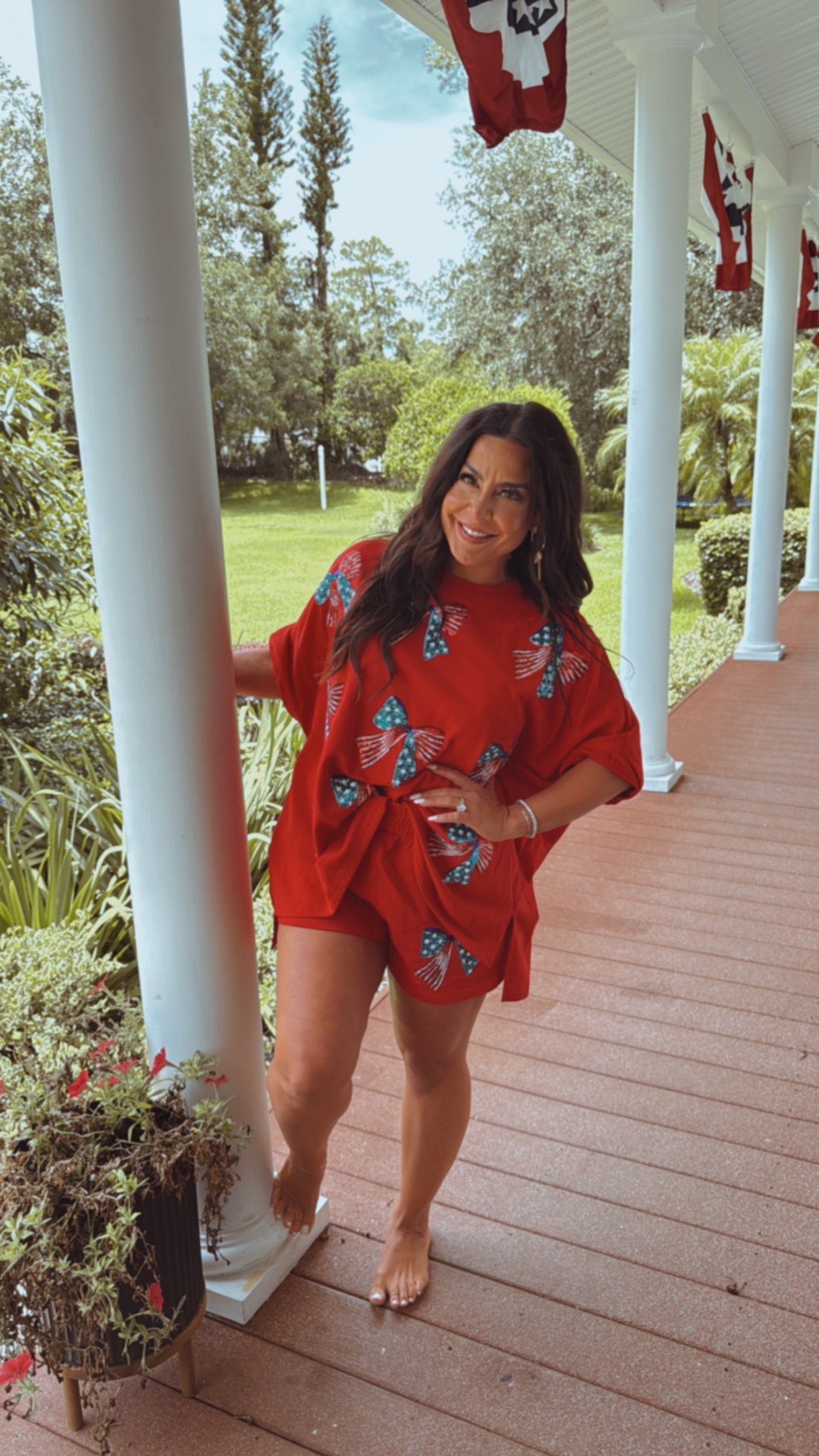 Chic Red White And Blue Sequin Bow Shorts