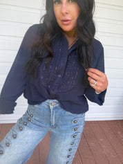 Diva Navy Sparkle Long Sleeve Blouse
