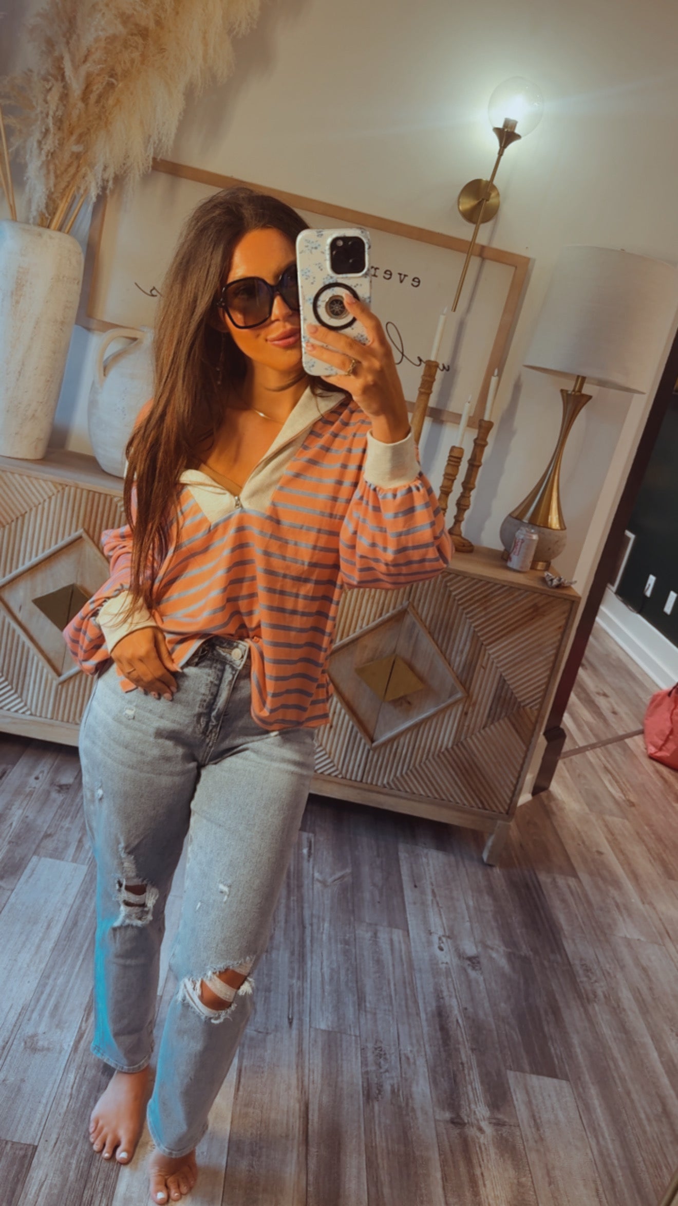 Chic 1/4 Zip Coral and Oatmeal Long Sleeve Top