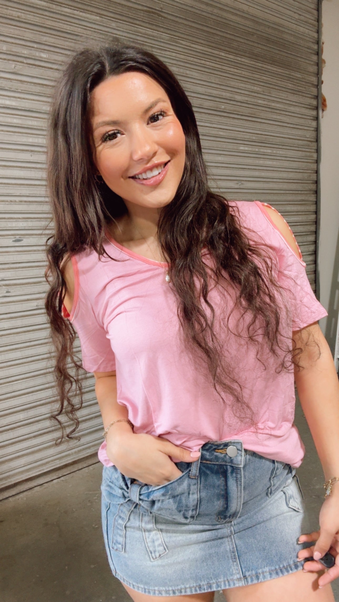 Pink Vneck Top Cut Cold Shoulder Stripe Top *Final Sale*