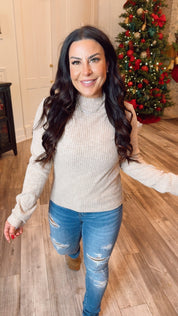 Cozy co Taupe Brushed Rib Mock Neck Long Sleeve Top