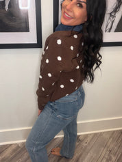 Brown and White Denim Collar Polka Dot Sweater