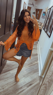Chic Orange Knit Long Sleeve Cover Up Top