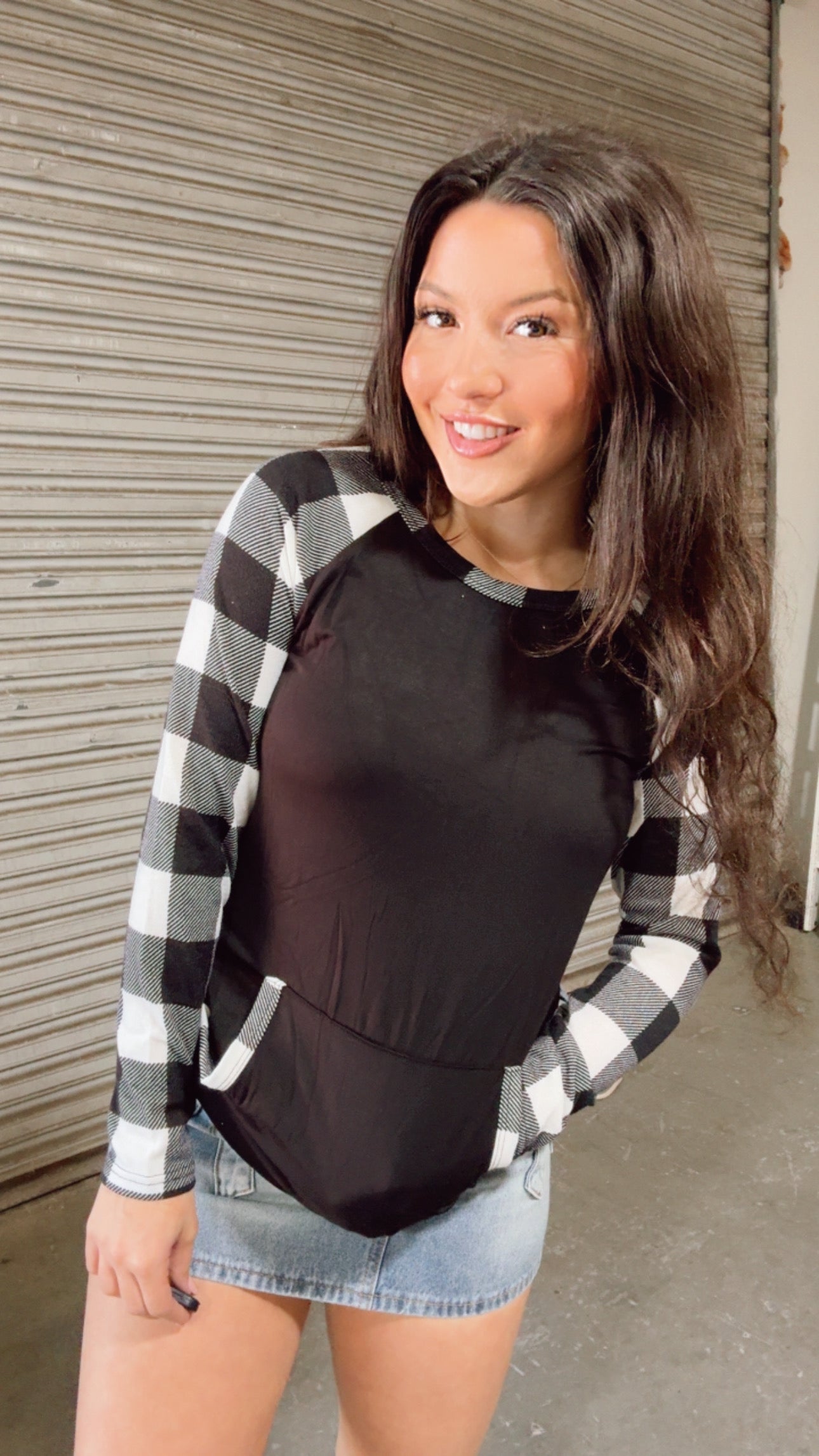 Black and White Plaid Long Sleeve Top With Pockets *Final Sale*