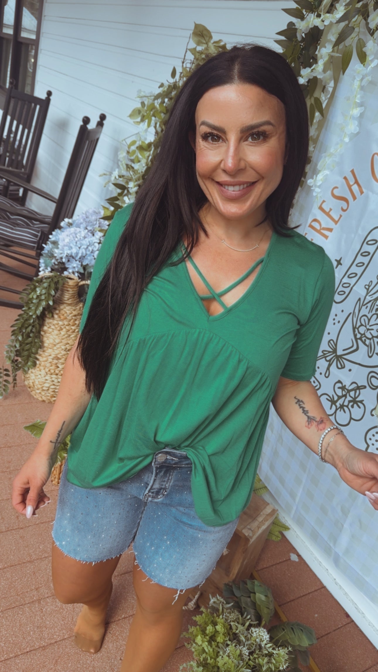 Ultra Soft Kelly Green Cross Front Flow Top