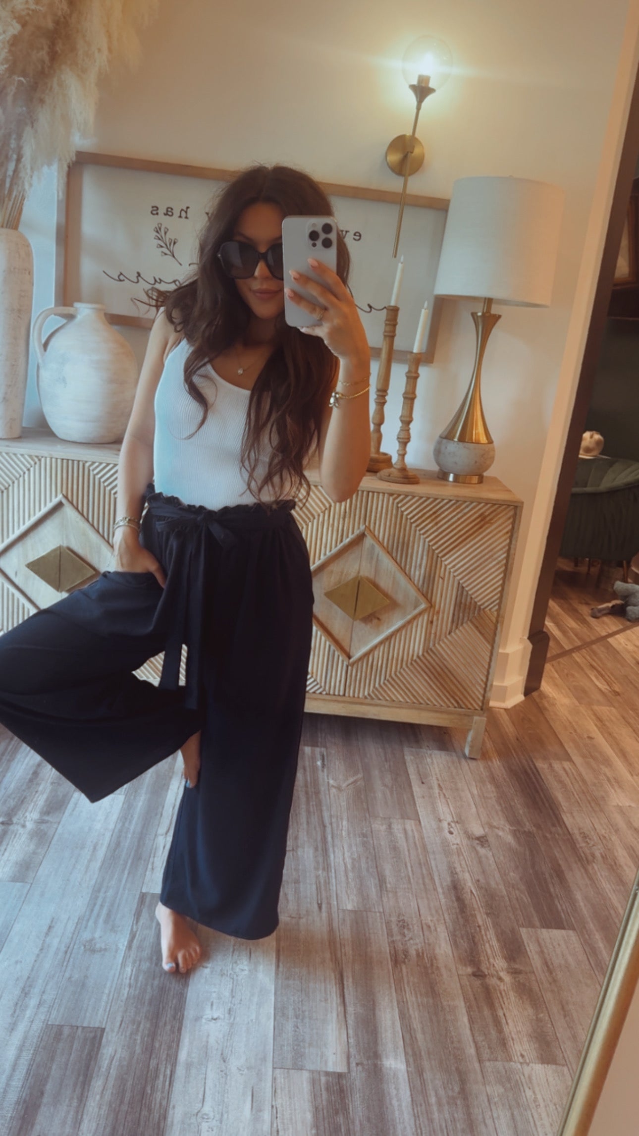 Soft Navy Flowy Pant With Tie Waist