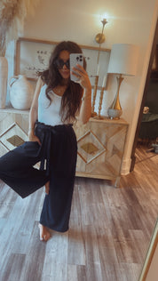 Soft Navy Flowy Pant With Tie Waist