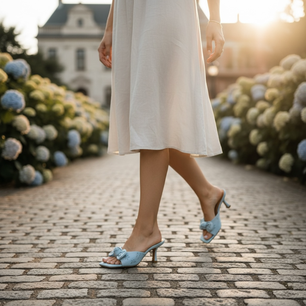 Mia Must Have  Blue Embroidered Lace Floral  Bow Heels