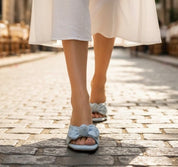 Mia Must Have  Blue Embroidered Lace Floral  Bow Heels