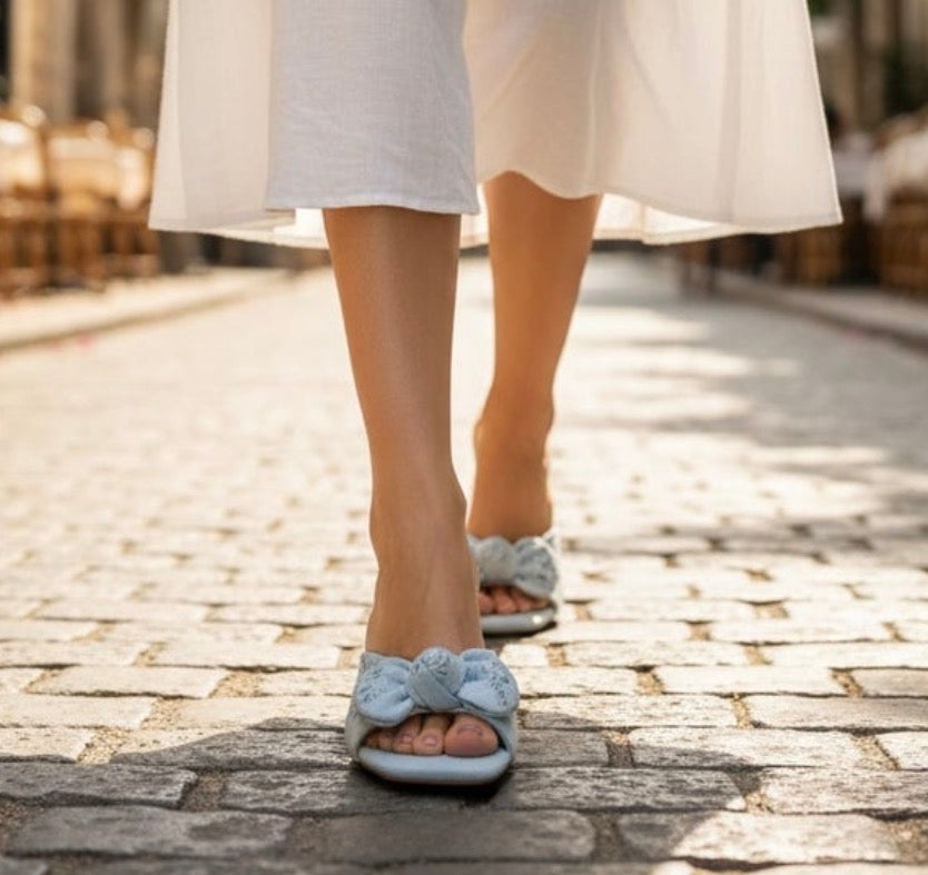 Mia Must Have  Blue Embroidered Lace Floral  Bow Heels