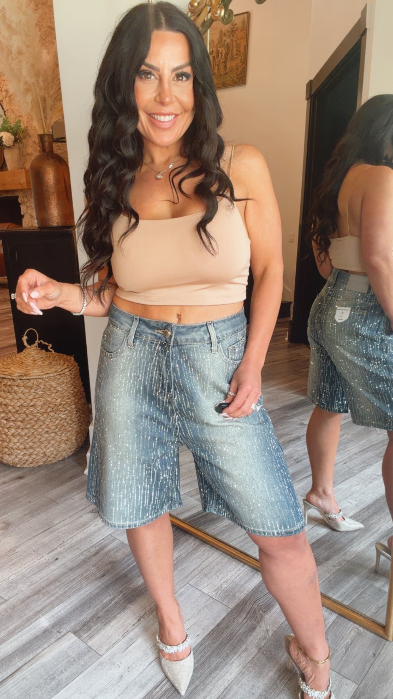 "THE DOLLY" Dark Wash Diva Sparkle Straight Leg Bermuda Shorts
