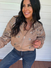 Taupe Suede Silver Embellished Zip-Up Jacket