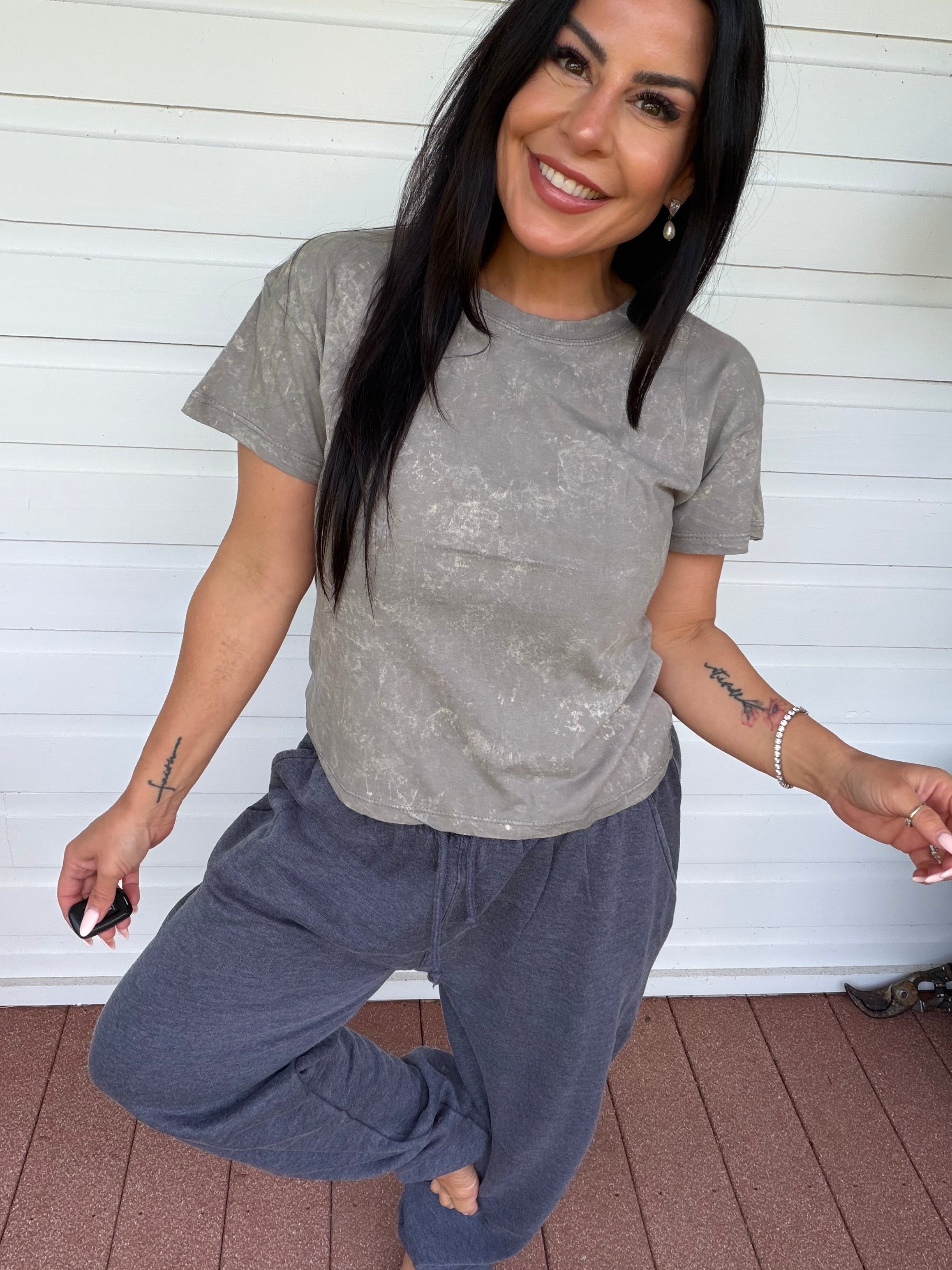 Ultra Soft Grey Acid Wash Short Sleeve Top
