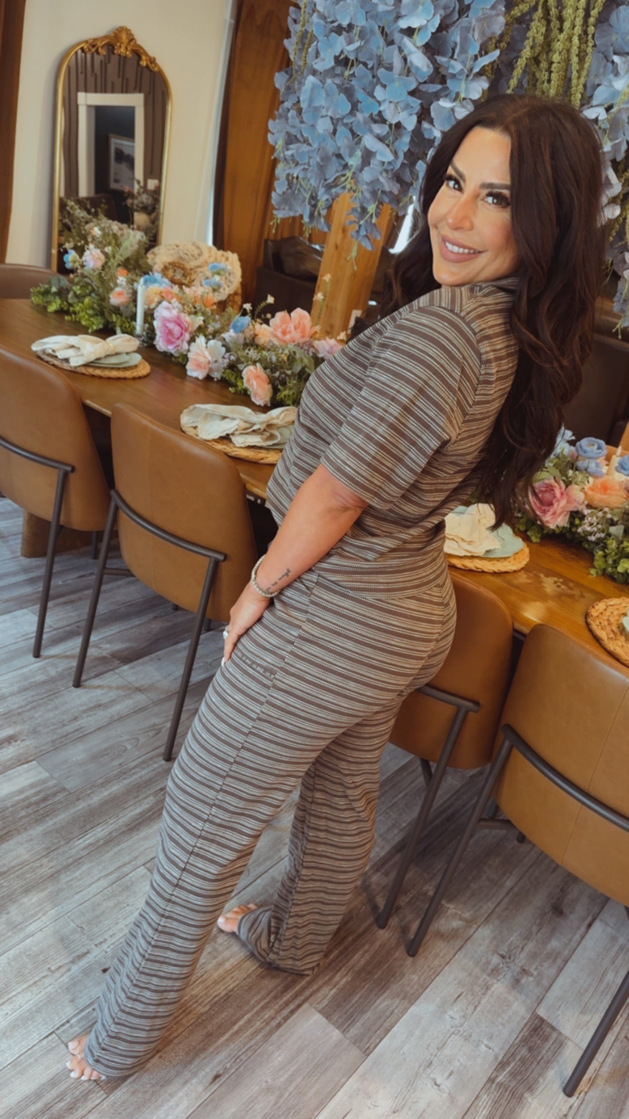 The Greii Brown Striped Collared Button Up Top