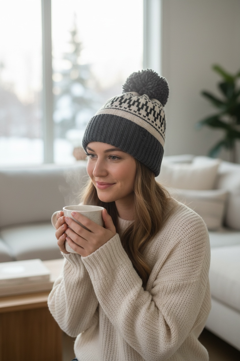 CC Grey Cream and Black With Pom Beanie