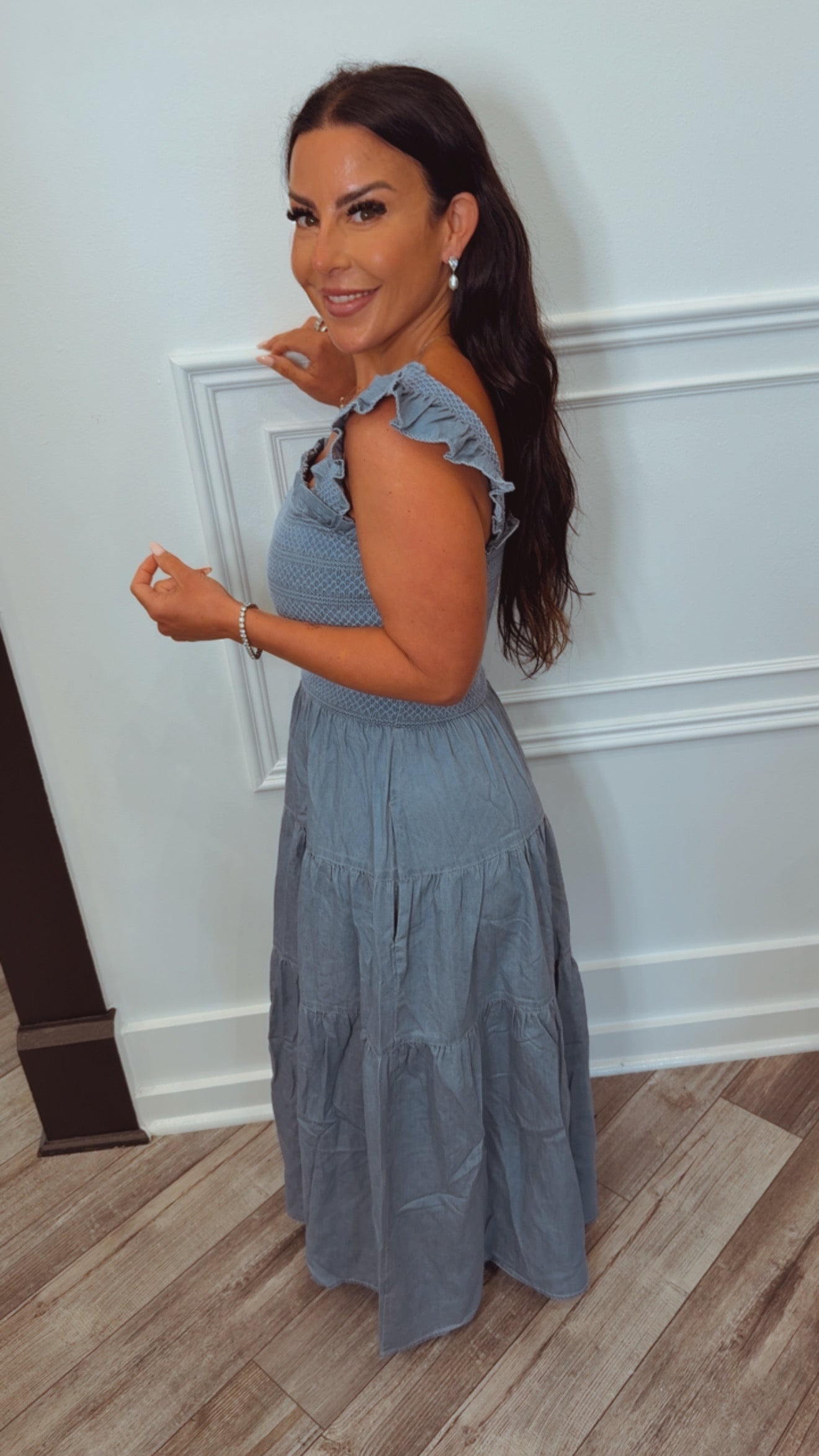 Stitch and Co Chic Denim Ruffled Tiered Midi Dress