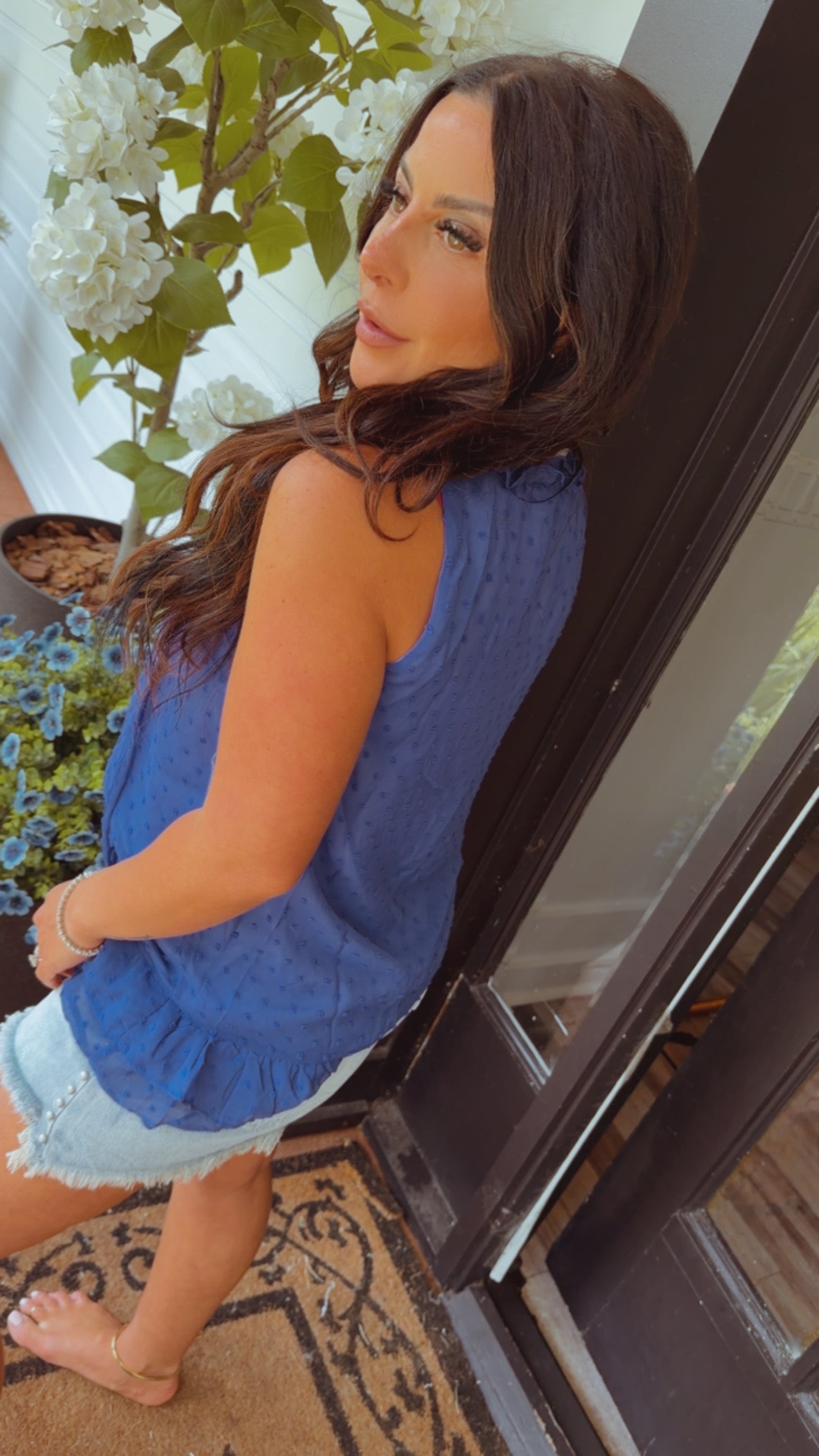 Soft Royal Blue Lace Dot Sleeveless Top