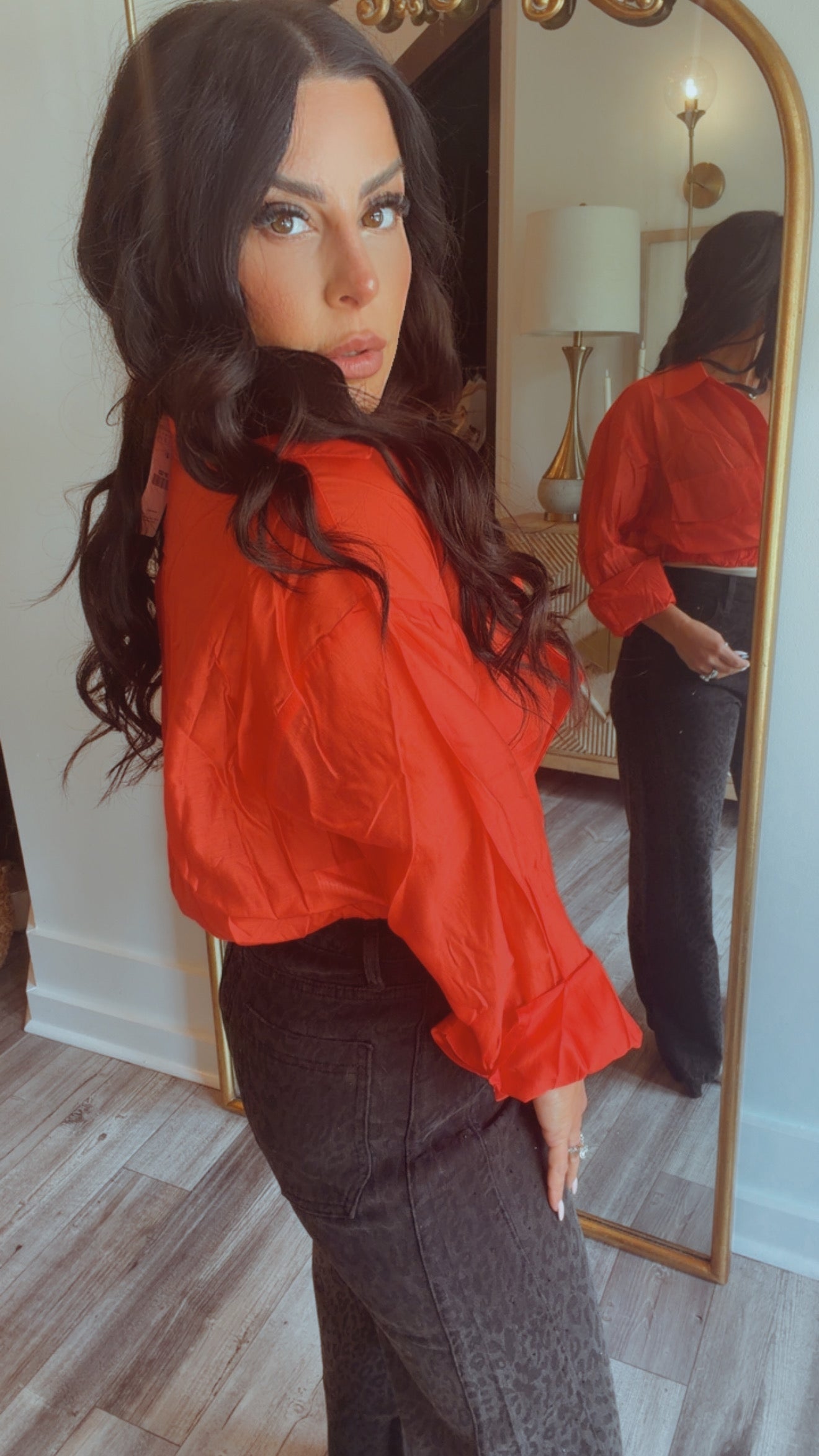 “Heartbreaker” Sassy Red  Lightweight Long Sleeve Button Up Crop Blouse