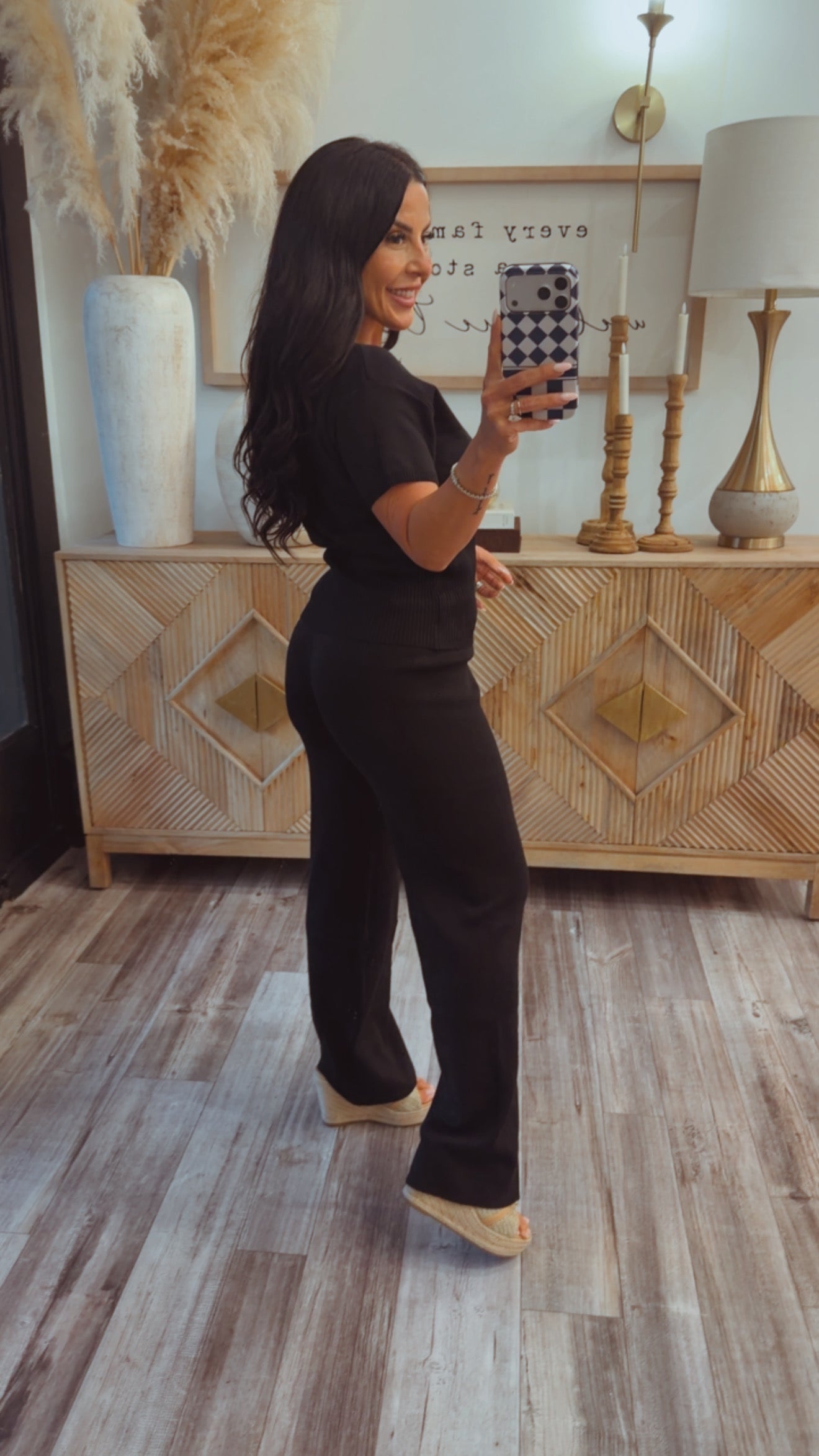 Chic Black Button Up Knit Top and Pants Set