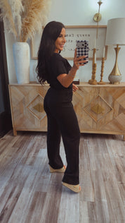 Chic Black Button Up Knit Top and Pants Set