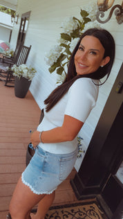 White Ribbed Ultra Stretch Ribbed Button Up Short Sleeve Top   Stich&Co
