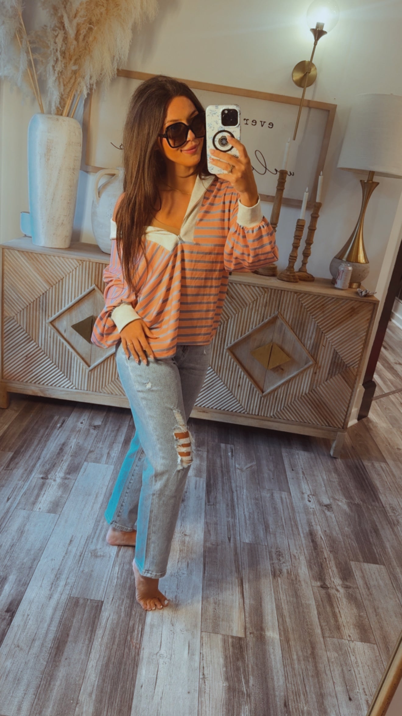 Chic 1/4 Zip Coral and Oatmeal Long Sleeve Top
