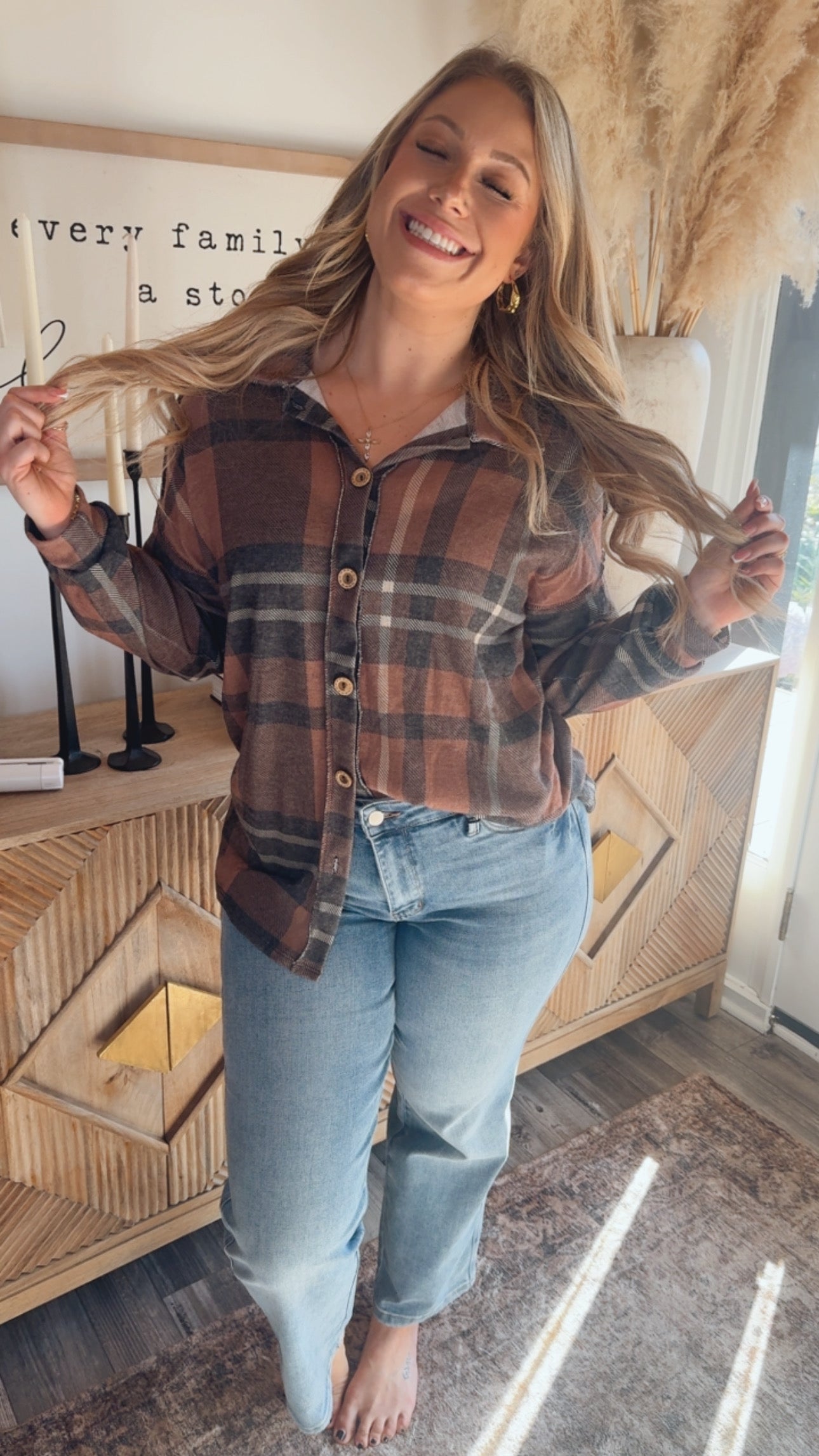 Brown and Grey Plaid Button Up Long Sleeve Top
