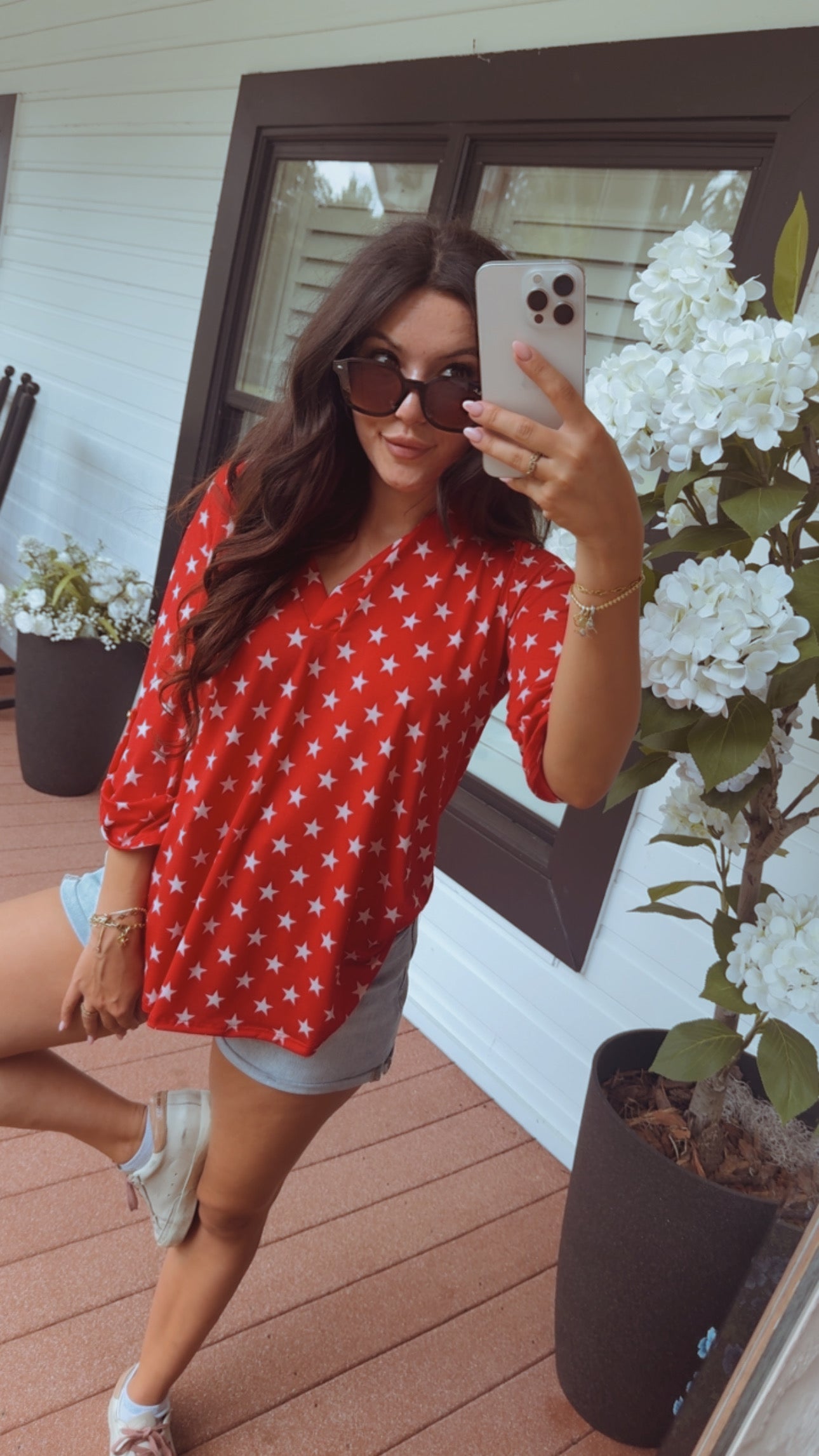 Red Vneck White Star Loose Fit Top