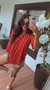 Red Vneck White Star Loose Fit Top
