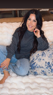 Exposed Hem Cozy Lounge Black Crewneck