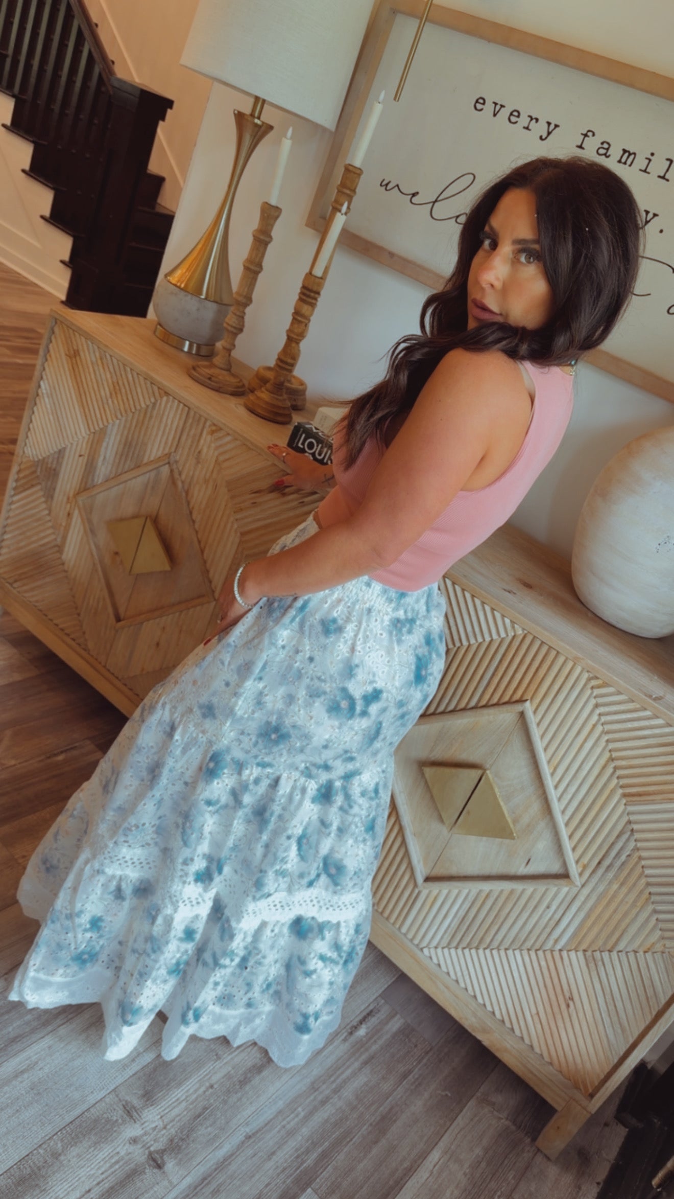 Chic White and Blue Floral Eyelet Lace Skirt