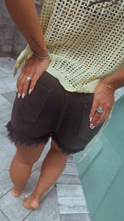 Risen Black High Rise Side Stem Fray Hem Shorts