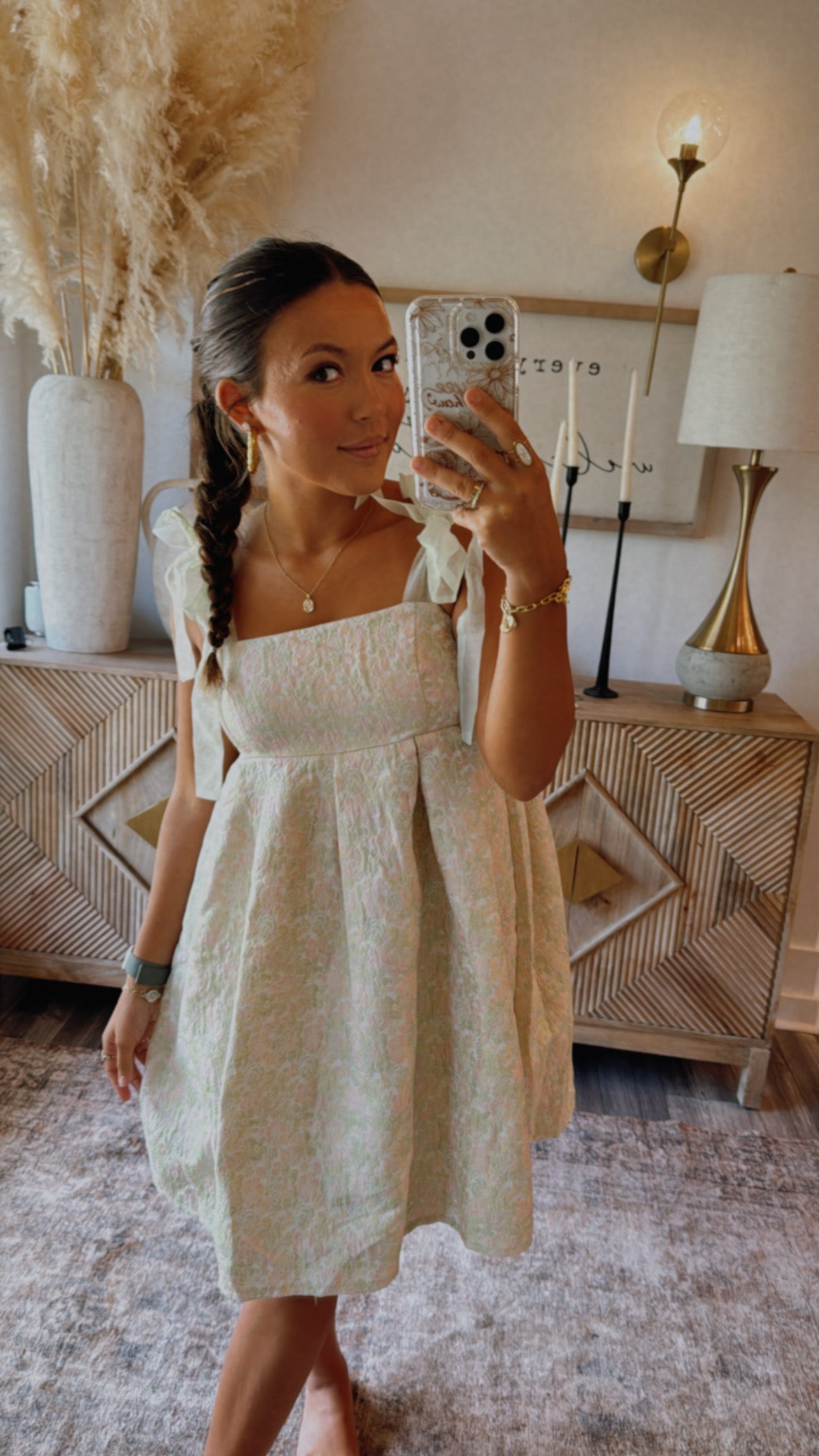 Green and Light Pink Rose Mini Dress