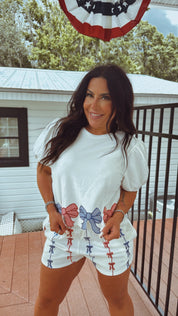 White With Sequin Bow Shorts