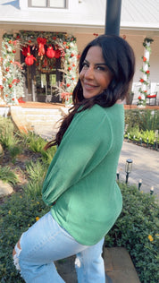 Kelly Green Ribbed Long Sleeve Lightweight Sweater Top