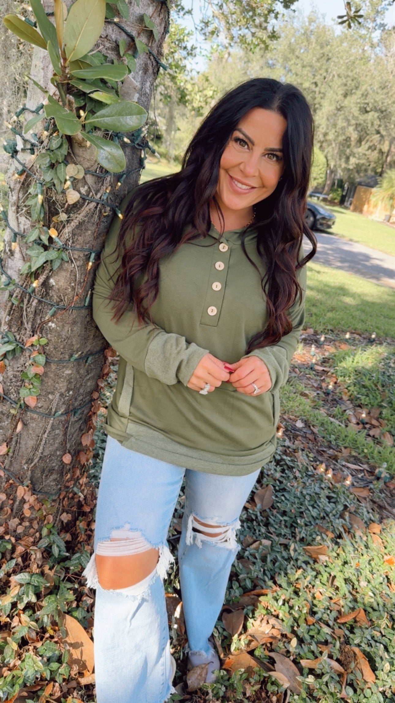 Olive Waffle Knit Long Sleeve Lightweight Sweater Top