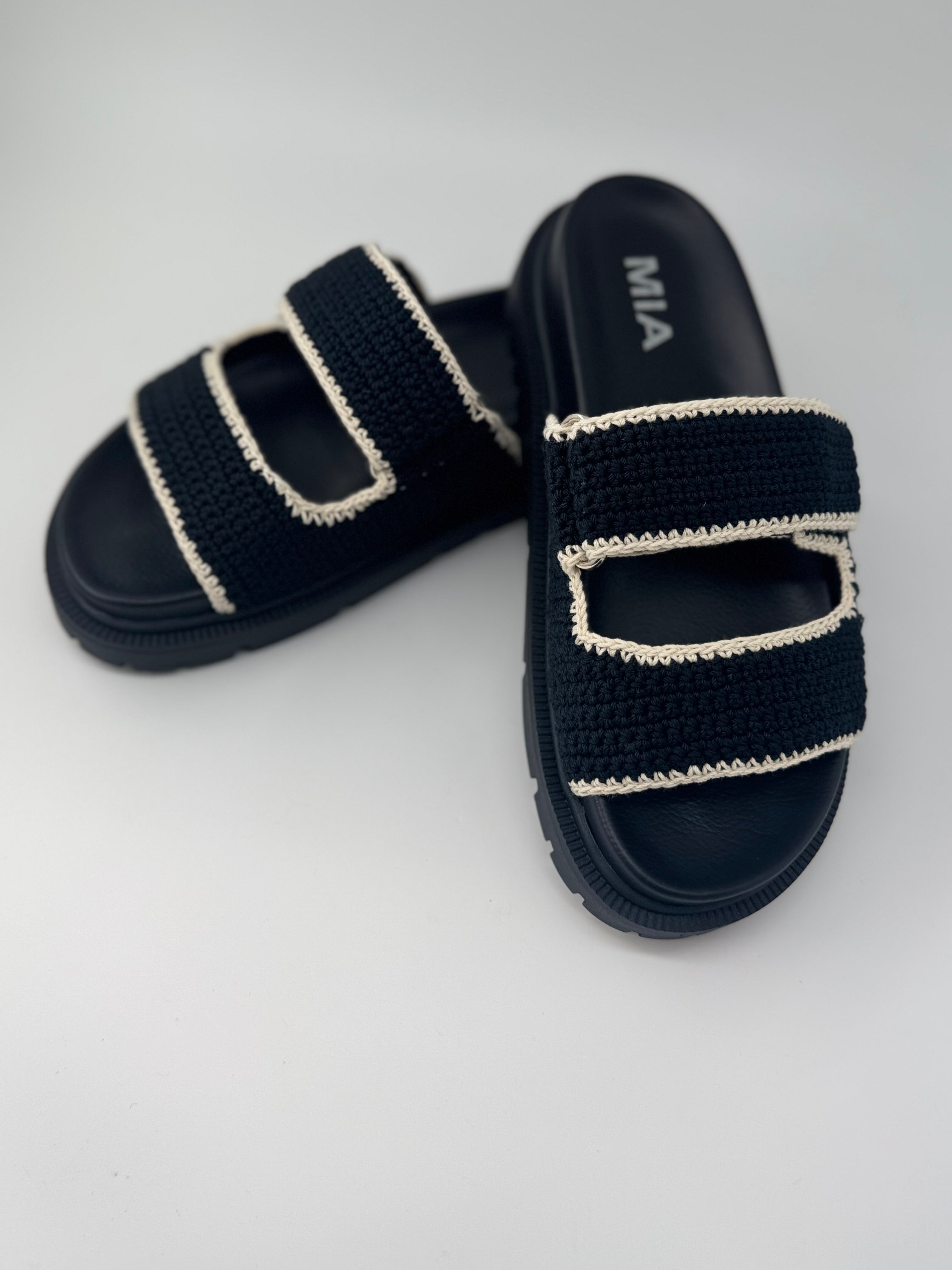 Black And White Trim Crochet Double Strap Sandals