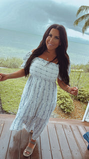 Light Weight Smocked Blue and White Floral Puff Sleeve Dress