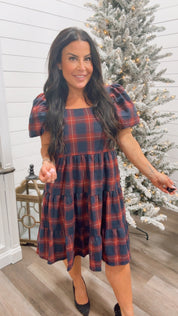 Navy and Red Plaid Puff Sleeve Dress