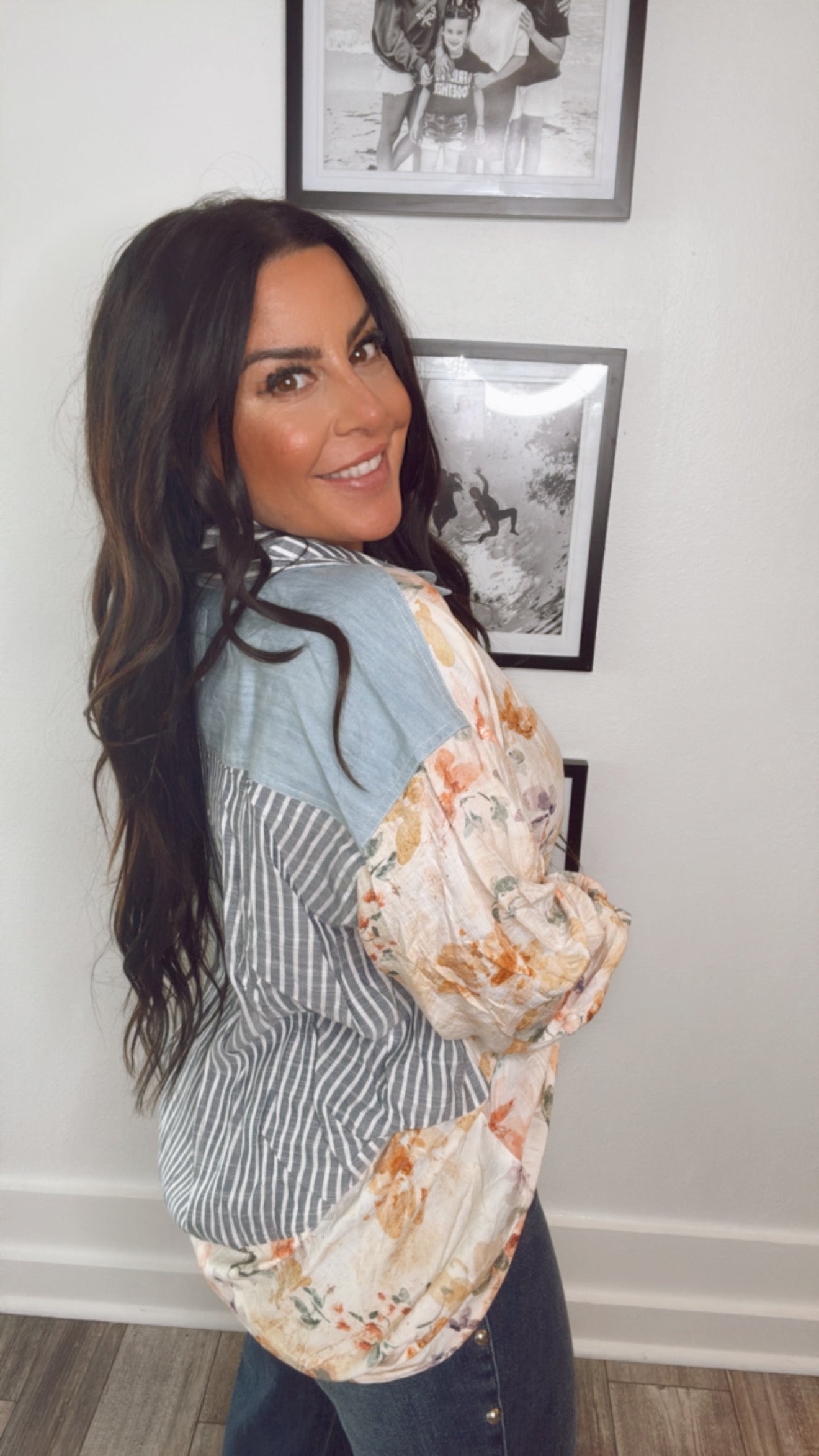 Denim Pin Stripe and Floral Button Up Long Sleeve Top